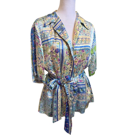 Zara Tops - Zara Floral Paisley Print Satin Tie Waist Blouse Blue Yellow Large 3198/248
